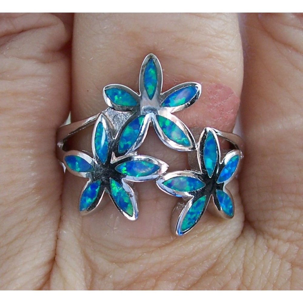 925 STERLING SILVER Lab Created Blue Fire Opal Hawaiian Plumeria Ring - Picture 4 of 16